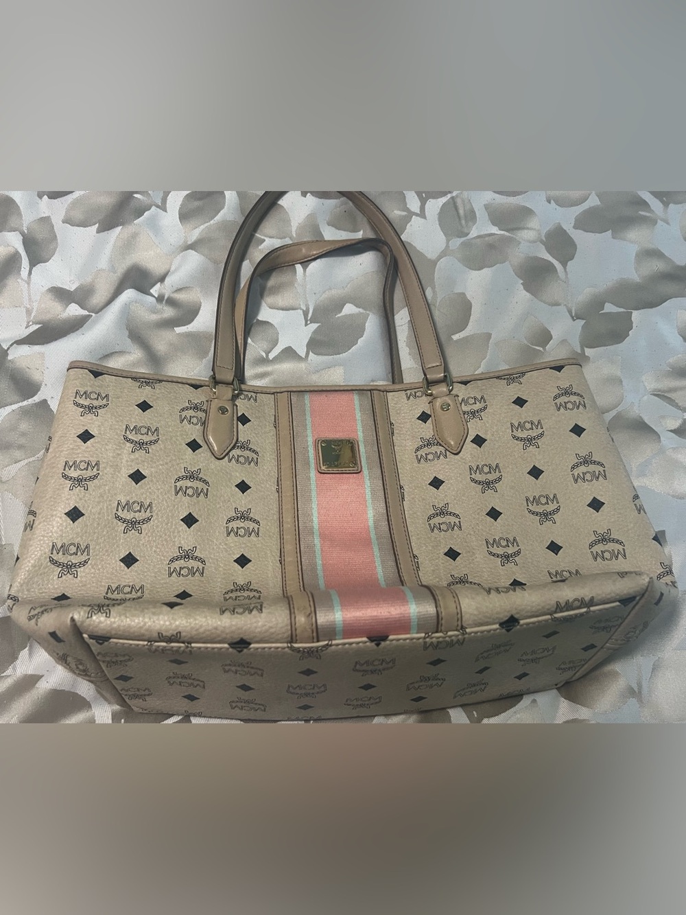 MCM Beige Logo Tote with Pink and Mint Center Stripe